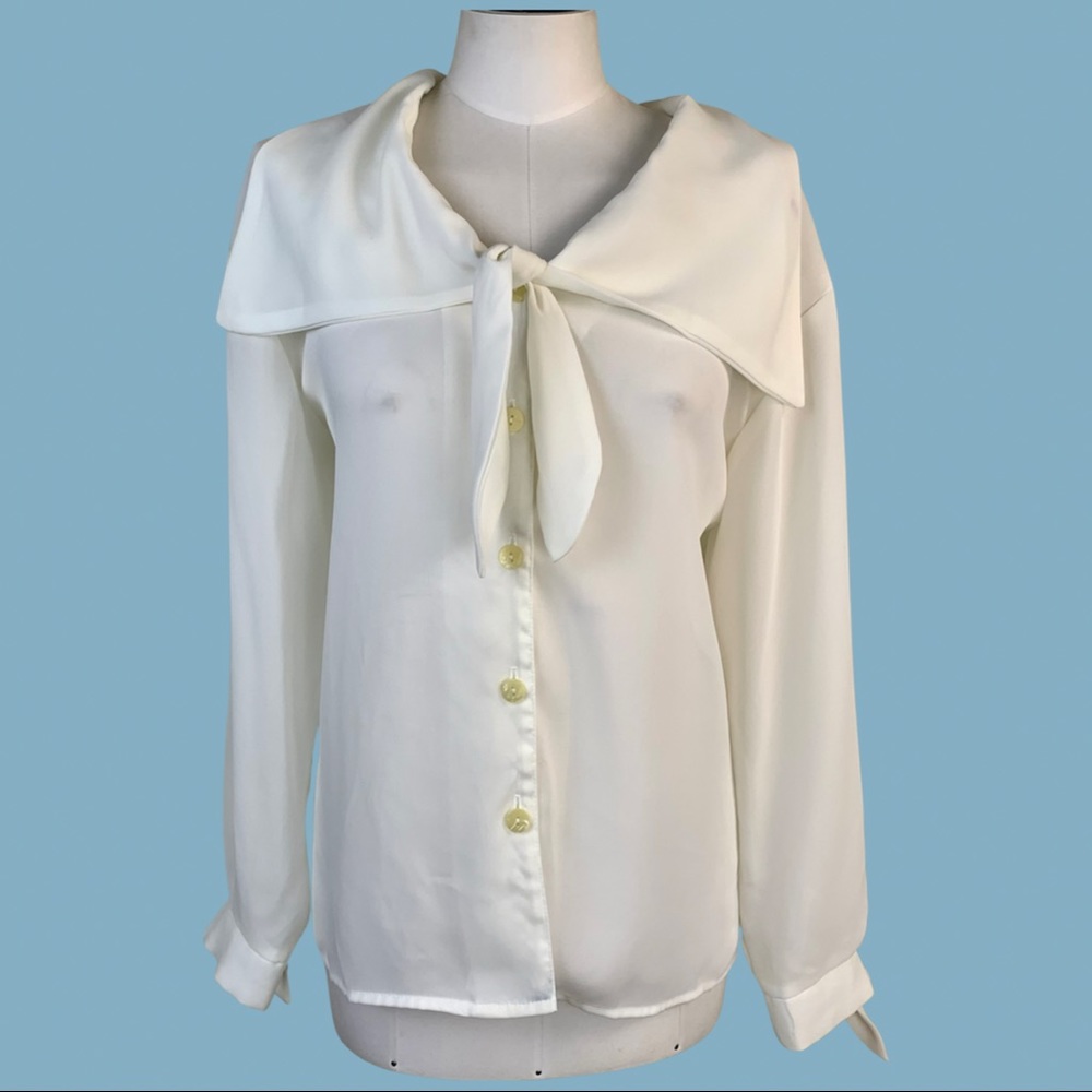 VTG White Semi-Sheer Sailor Tie Button Up Blouse